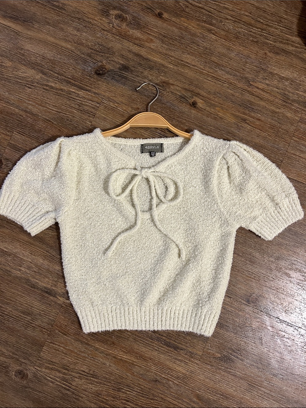 Cream Tie-Front Short Sleeve Crew Sweater